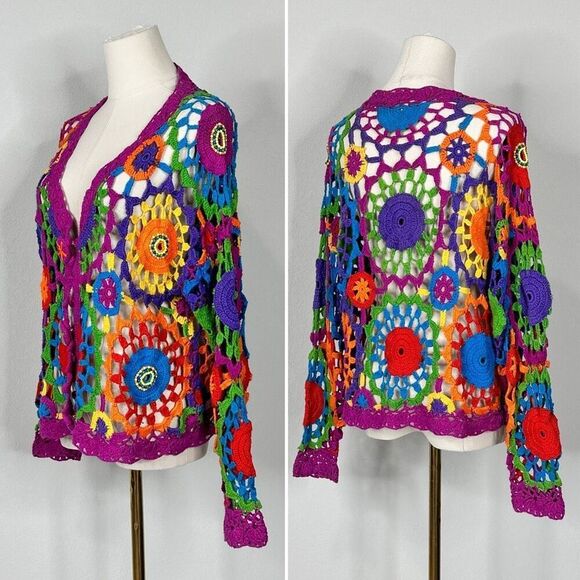 Vintage ‘80s Rainbow Floral Crochet Radial Rainbow Cardigan OSFM Boho Festival - Picture 5 of 15